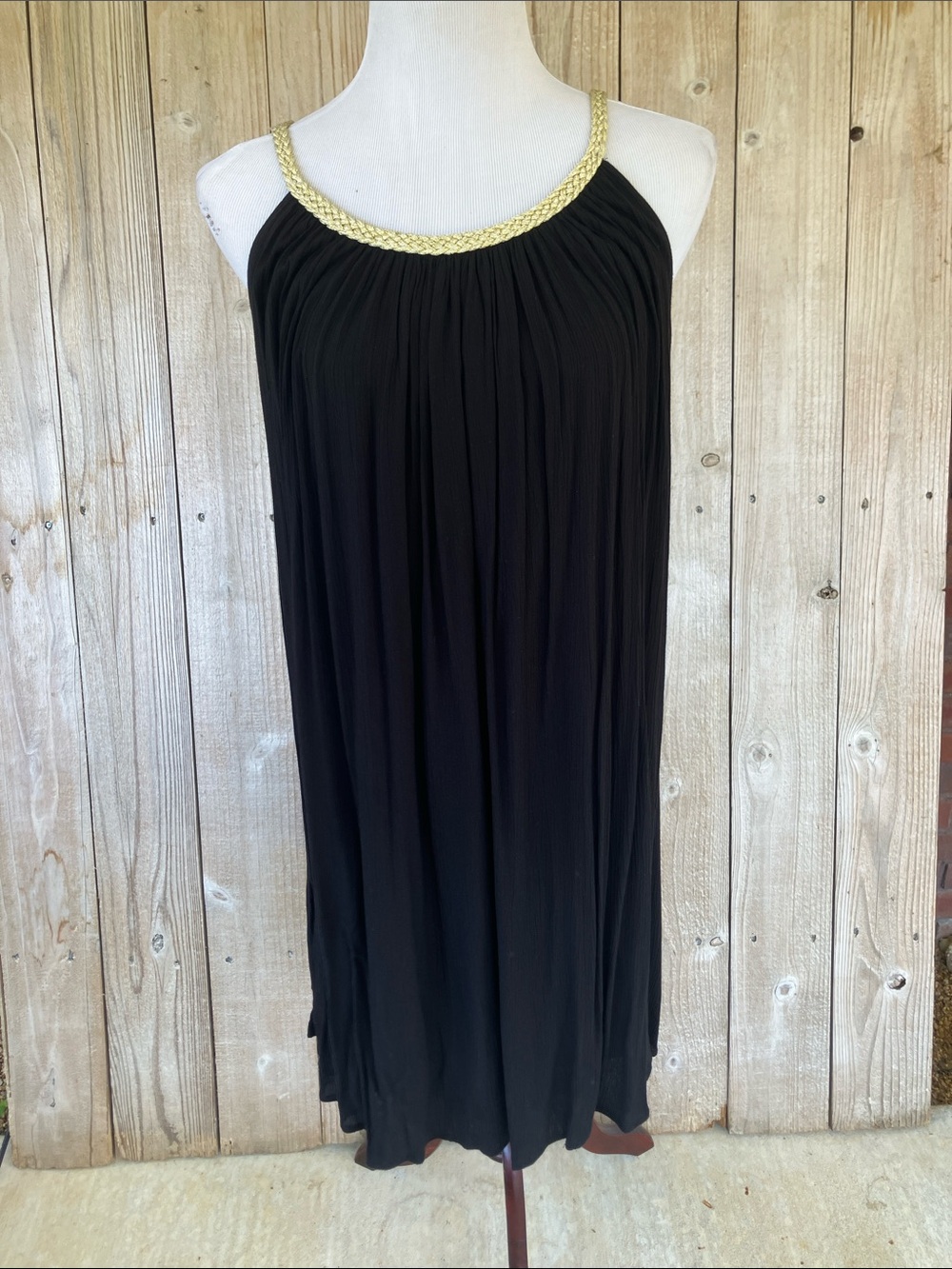 Nina Leonard Black Midi Dress with Gold Braided Neckline